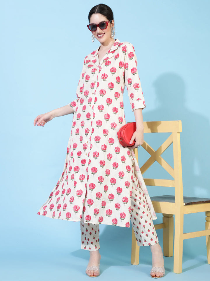 Cotton Flex  Calf Length Printed A-Line 3/4 Sleeve Collar Kurta Bottom Set