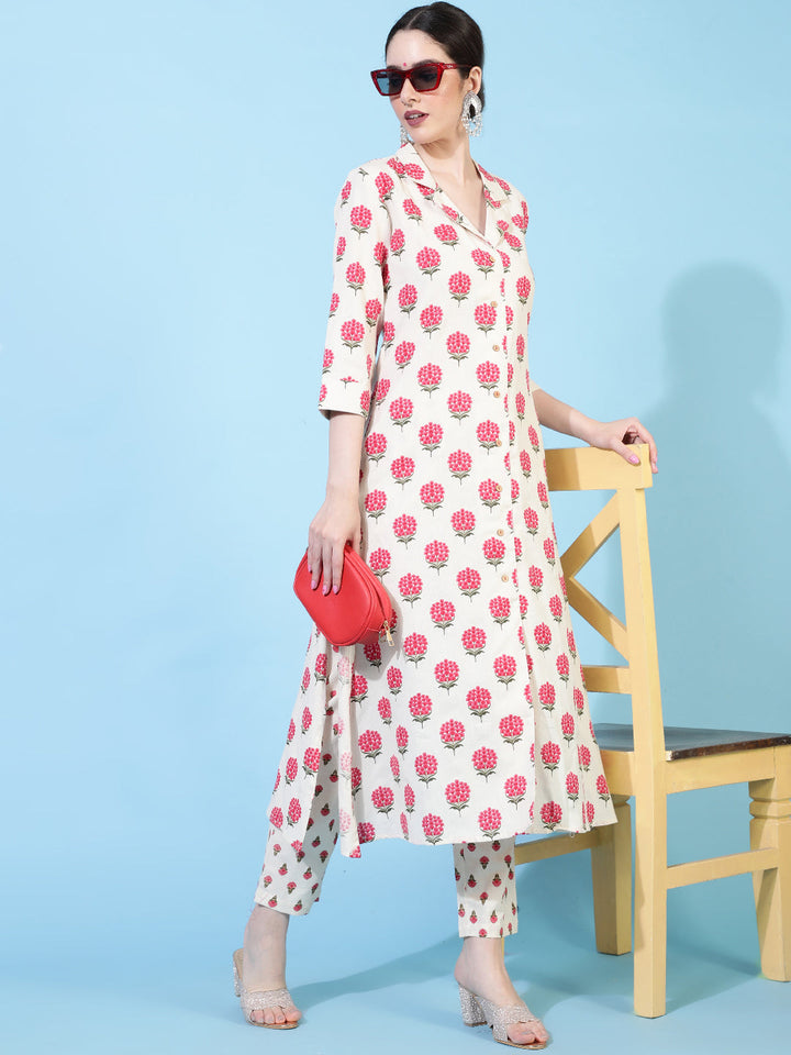 Cotton Flex  Calf Length Printed A-Line 3/4 Sleeve Collar Kurta Bottom Set