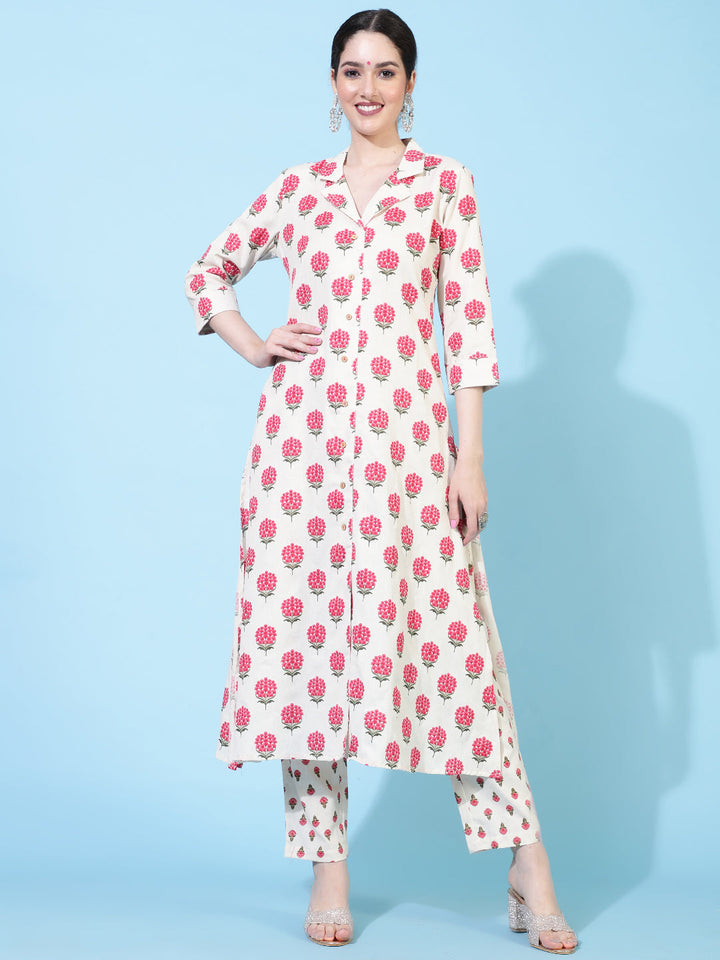 Cotton Flex  Calf Length Printed A-Line 3/4 Sleeve Collar Kurta Bottom Set