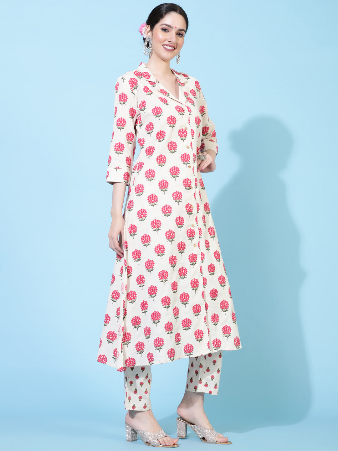 Cotton Flex  Calf Length Printed A-Line 3/4 Sleeve Collar Kurta Bottom Set