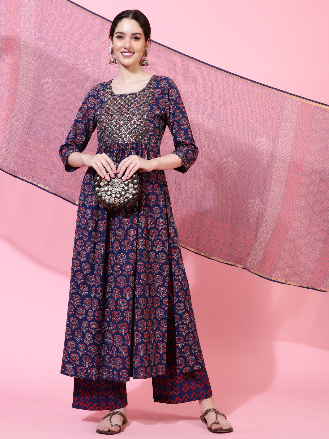 Cotton  Calf Length Printed Flared 3/4 Sleeve Round Kurta Bottom Dupatta Set