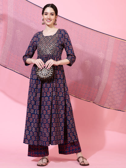 Cotton  Calf Length Printed Flared 3/4 Sleeve Round Kurta Bottom Dupatta Set