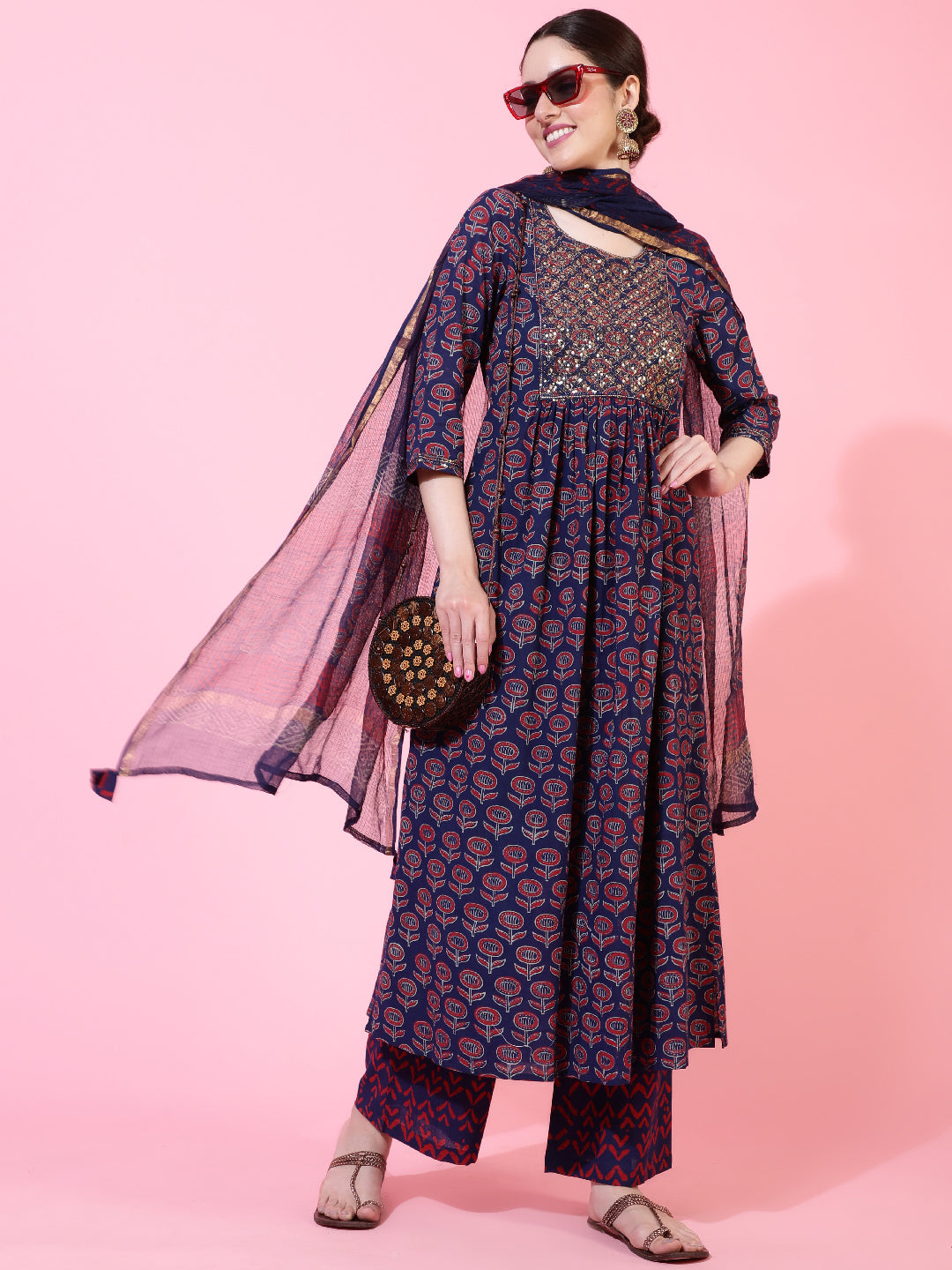 Cotton  Calf Length Printed Flared 3/4 Sleeve Round Kurta Bottom Dupatta Set