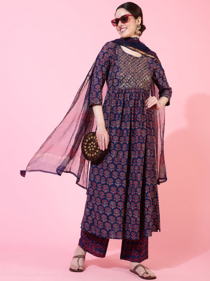 Cotton  Calf Length Printed Flared 3/4 Sleeve Round Kurta Bottom Dupatta Set