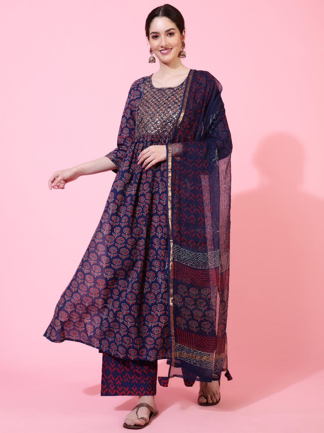 Cotton  Calf Length Printed Flared 3/4 Sleeve Round Kurta Bottom Dupatta Set