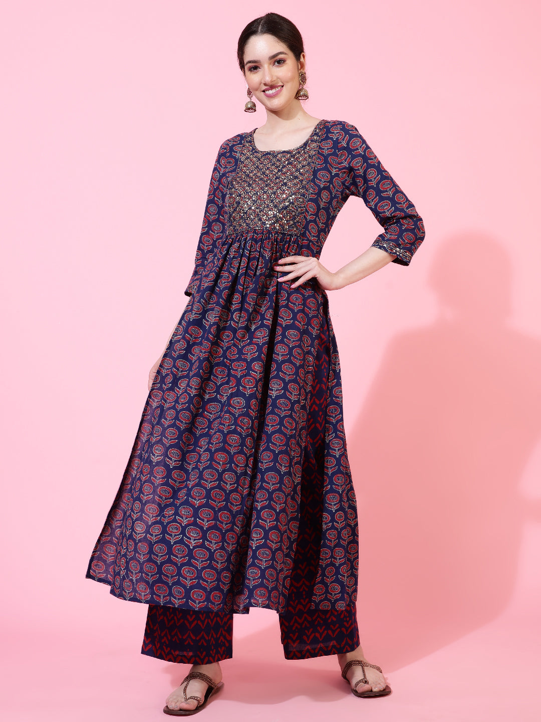 Cotton  Calf Length Printed Flared 3/4 Sleeve Round Kurta Bottom Dupatta Set