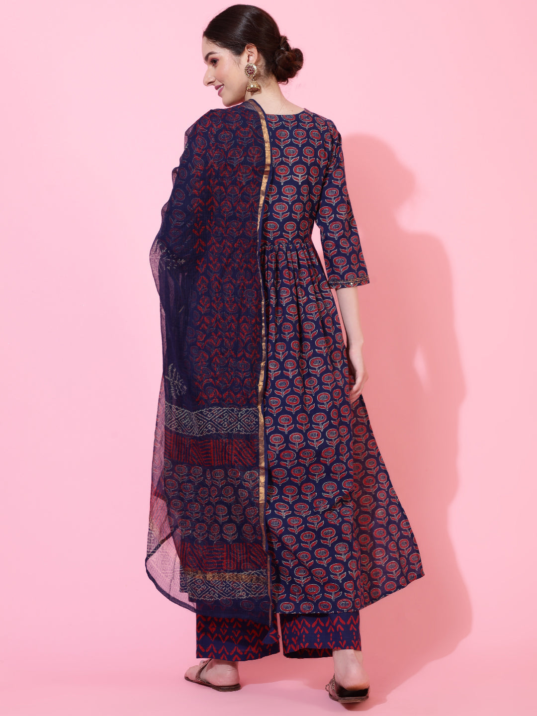 Cotton  Calf Length Printed Flared 3/4 Sleeve Round Kurta Bottom Dupatta Set