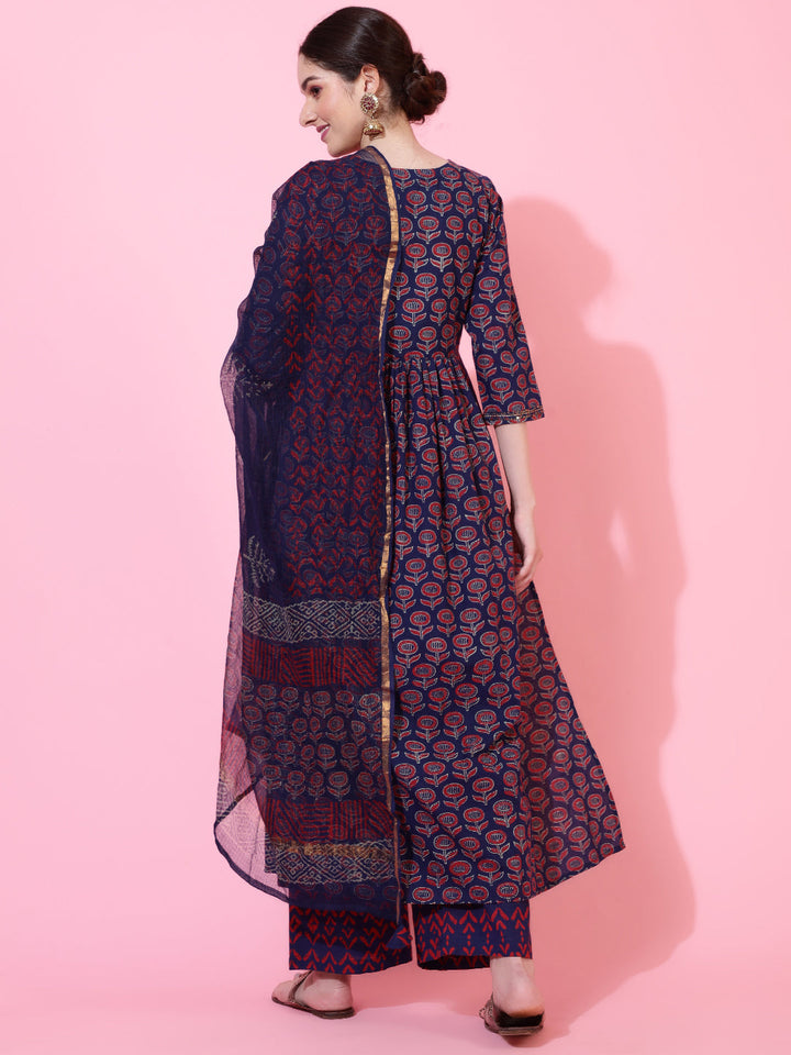 Cotton  Calf Length Printed Flared 3/4 Sleeve Round Kurta Bottom Dupatta Set