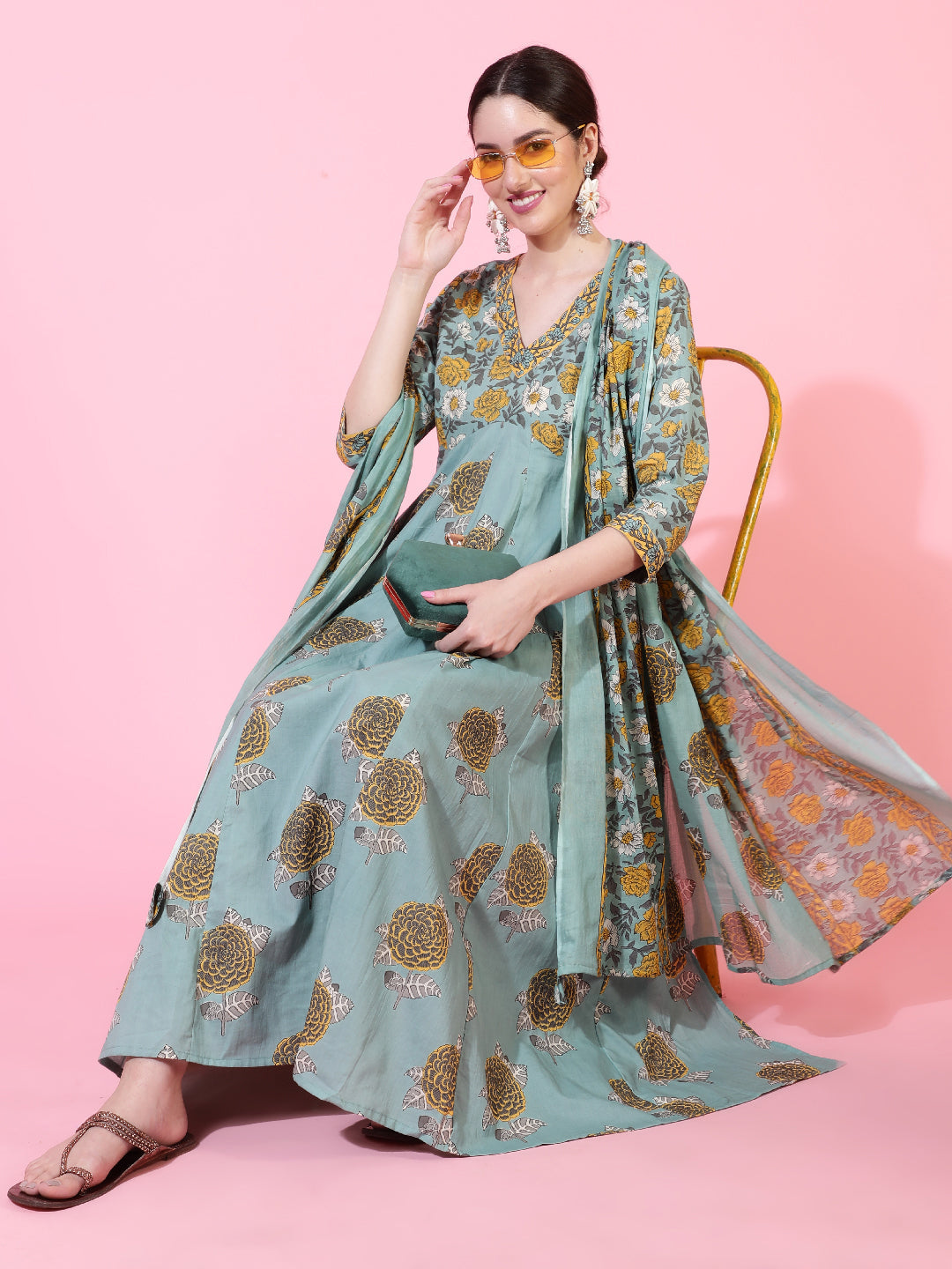 Cotton  Calf Length Printed Flared 3/4 Sleeve V-Neck Kurta Bottom Dupatta Set