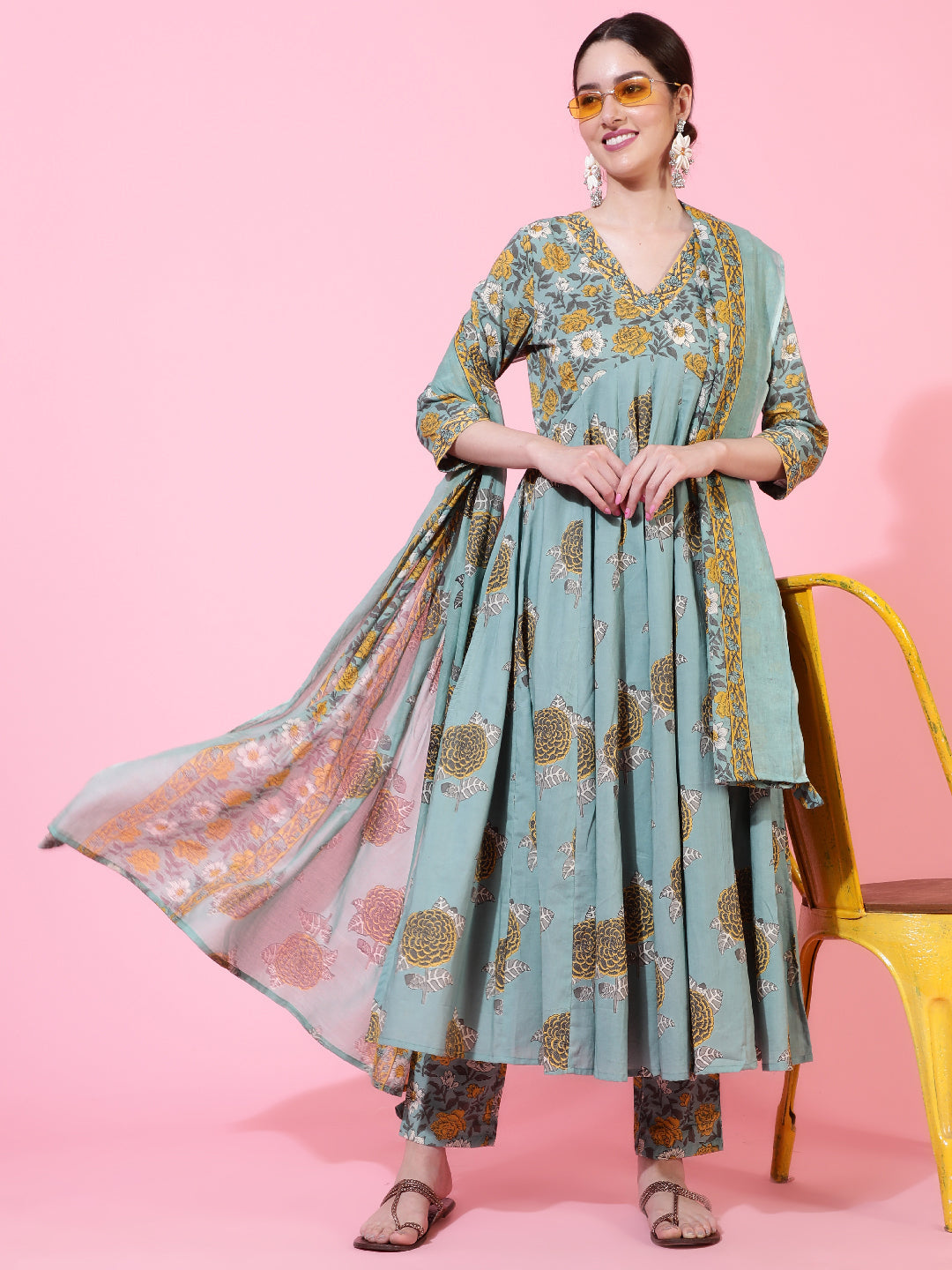 Cotton  Calf Length Printed Flared 3/4 Sleeve V-Neck Kurta Bottom Dupatta Set