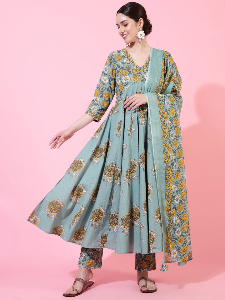 Cotton  Calf Length Printed Flared 3/4 Sleeve V-Neck Kurta Bottom Dupatta Set