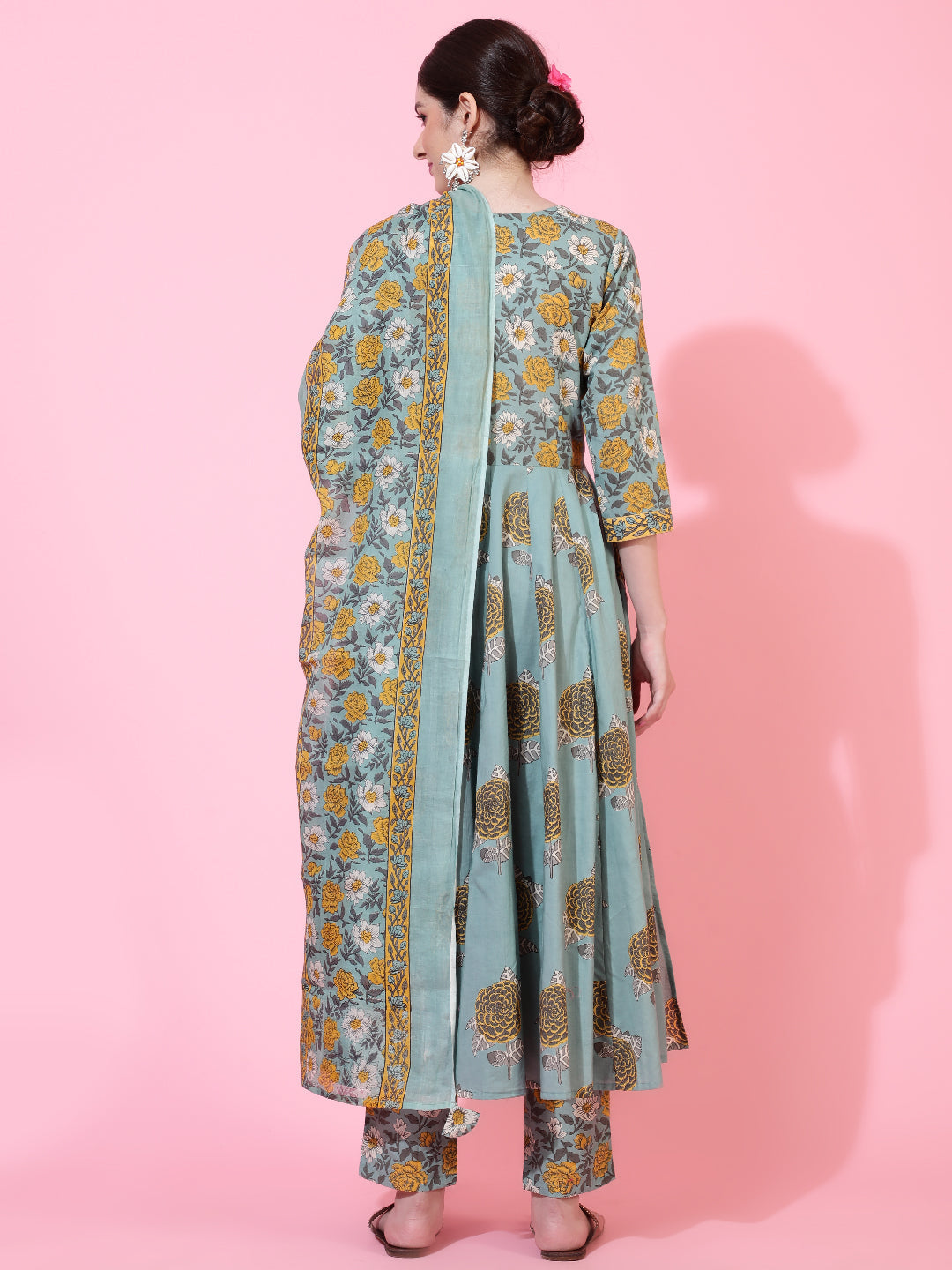 Cotton  Calf Length Printed Flared 3/4 Sleeve V-Neck Kurta Bottom Dupatta Set