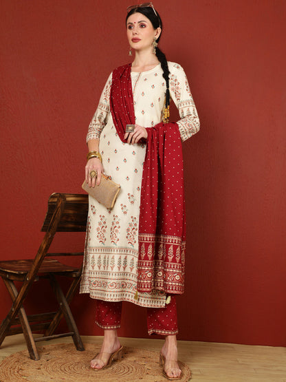 Rayon  Calf Length Printed Straight 3/4 Sleeves Round Kurta Bottom Dupatta Set