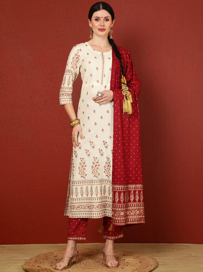 Rayon  Calf Length Printed Straight 3/4 Sleeves Round Kurta Bottom Dupatta Set