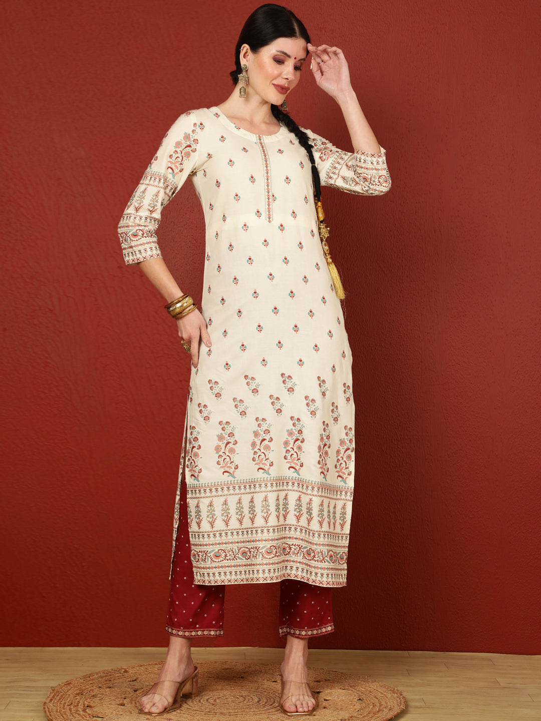 Rayon  Calf Length Printed Straight 3/4 Sleeves Round Kurta Bottom Dupatta Set