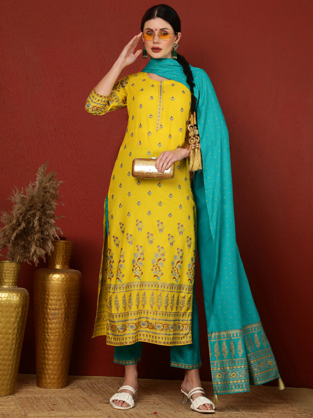 Rayon  Calf Length Printed Straight 3/4 Sleeves Round Kurta Bottom Dupatta Set