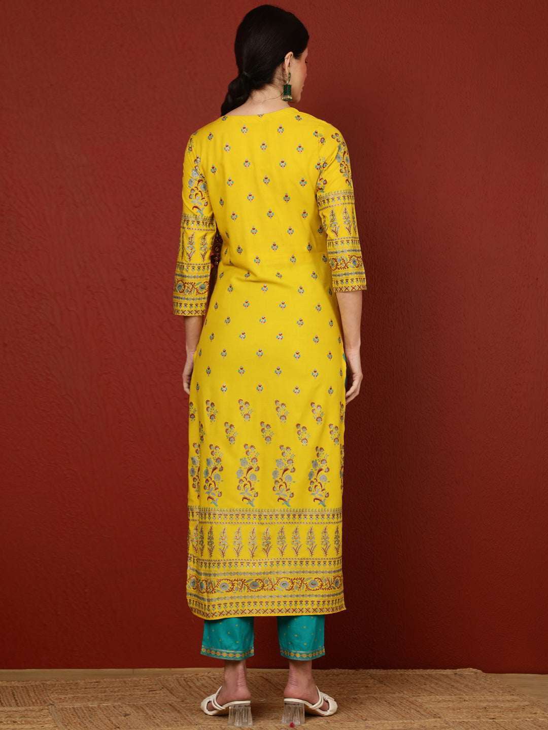 Rayon  Calf Length Printed Straight 3/4 Sleeves Round Kurta Bottom Dupatta Set