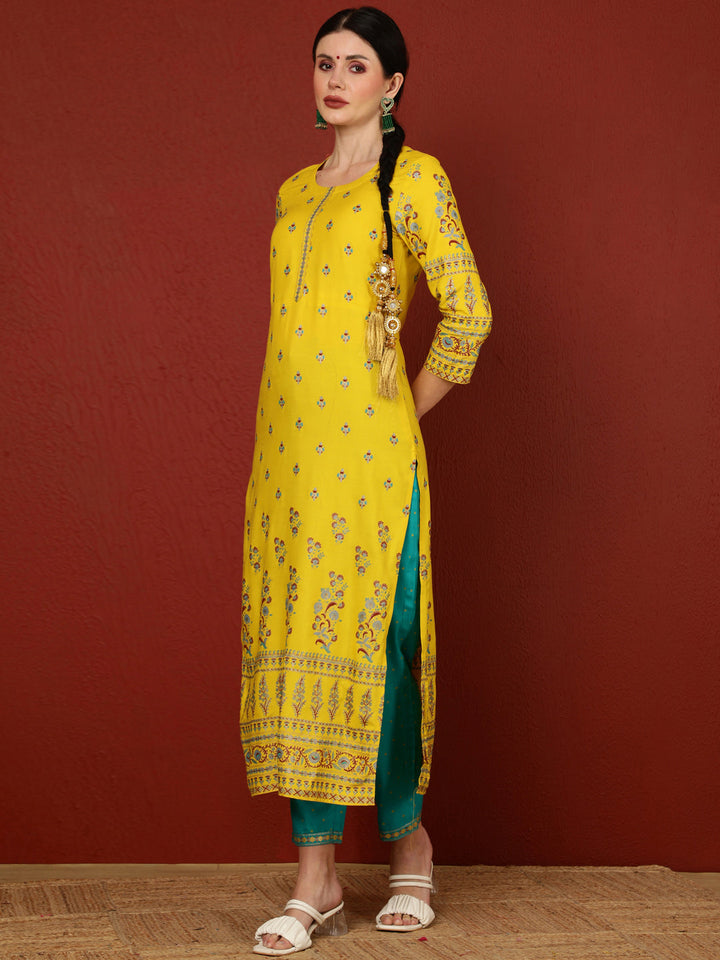 Rayon  Calf Length Printed Straight 3/4 Sleeves Round Kurta Bottom Dupatta Set