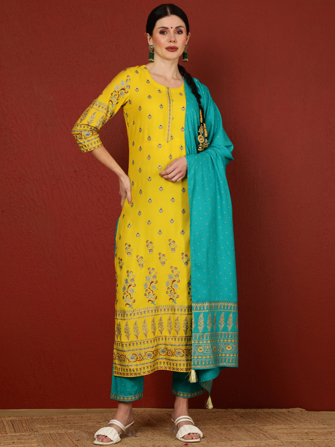 Rayon  Calf Length Printed Straight 3/4 Sleeves Round Kurta Bottom Dupatta Set