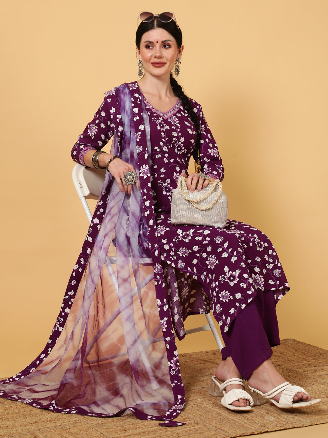 Rayon  Calf Length Printed Straight 3/4 Sleeves V-Neck Kurta Bottom Dupatta Set