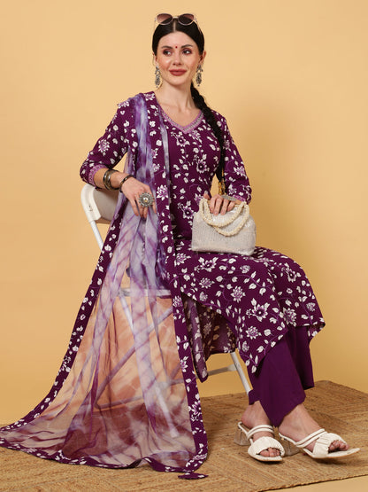 Rayon  Calf Length Printed Straight 3/4 Sleeves V-Neck Kurta Bottom Dupatta Set