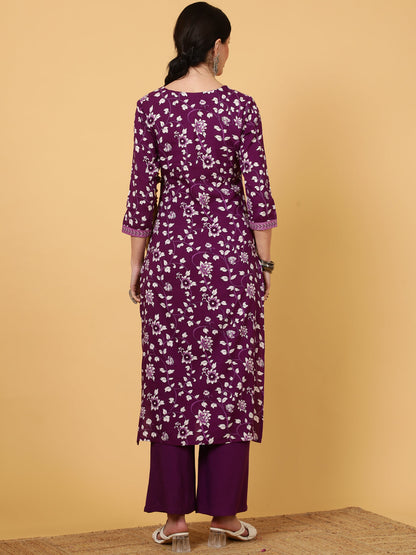Rayon  Calf Length Printed Straight 3/4 Sleeves V-Neck Kurta Bottom Dupatta Set