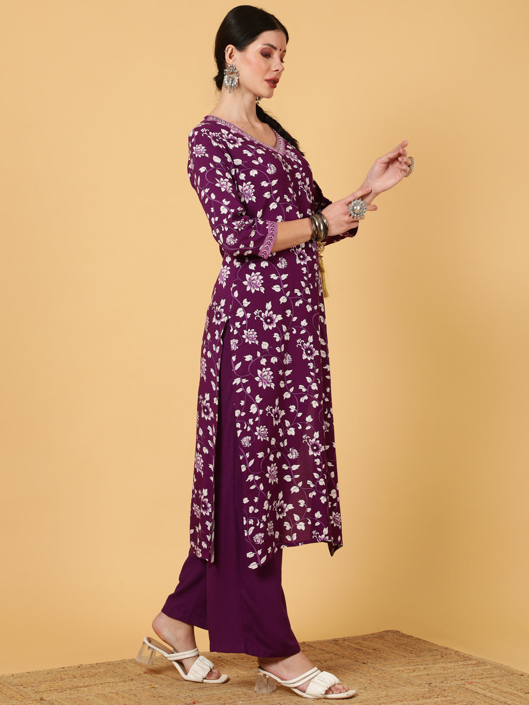 Rayon  Calf Length Printed Straight 3/4 Sleeves V-Neck Kurta Bottom Dupatta Set