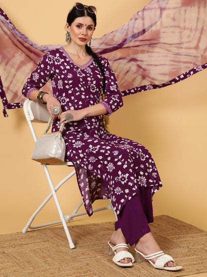 Rayon  Calf Length Printed Straight 3/4 Sleeves V-Neck Kurta Bottom Dupatta Set