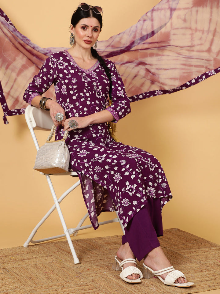 Rayon  Calf Length Printed Straight 3/4 Sleeves V-Neck Kurta Bottom Dupatta Set