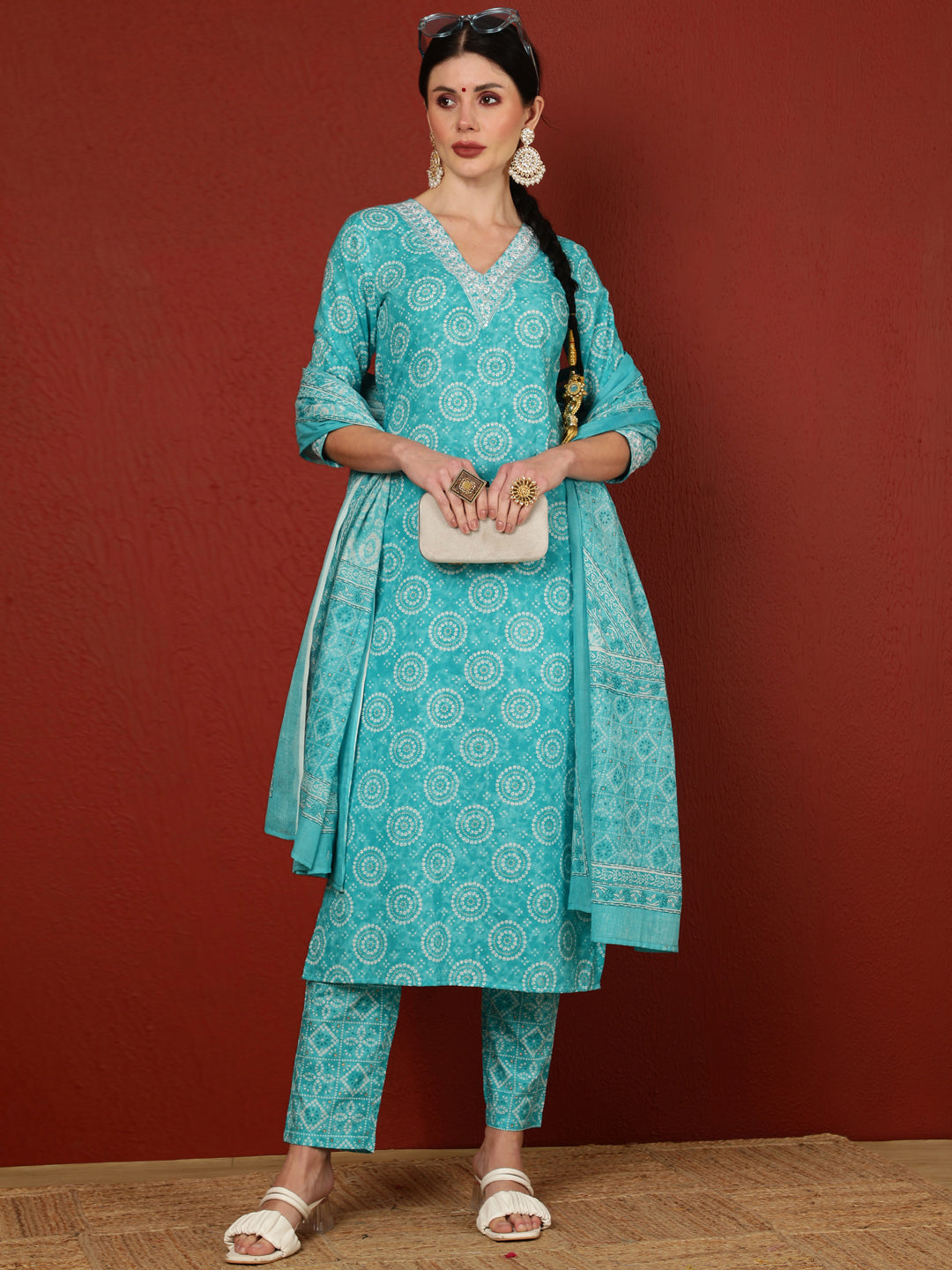 Cotton  Calf Length Printed Straight 3/4 Sleeves V-Neck Kurta Bottom Dupatta Set