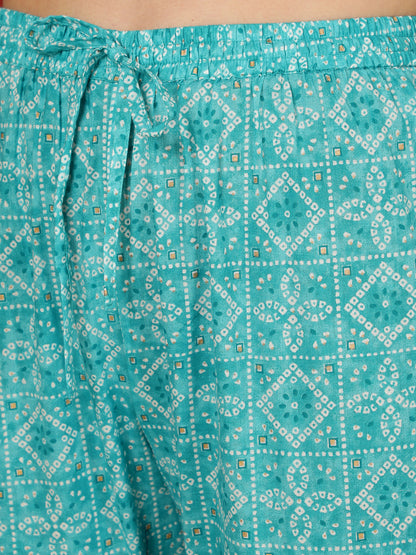 Cotton  Calf Length Printed Straight 3/4 Sleeves V-Neck Kurta Bottom Dupatta Set