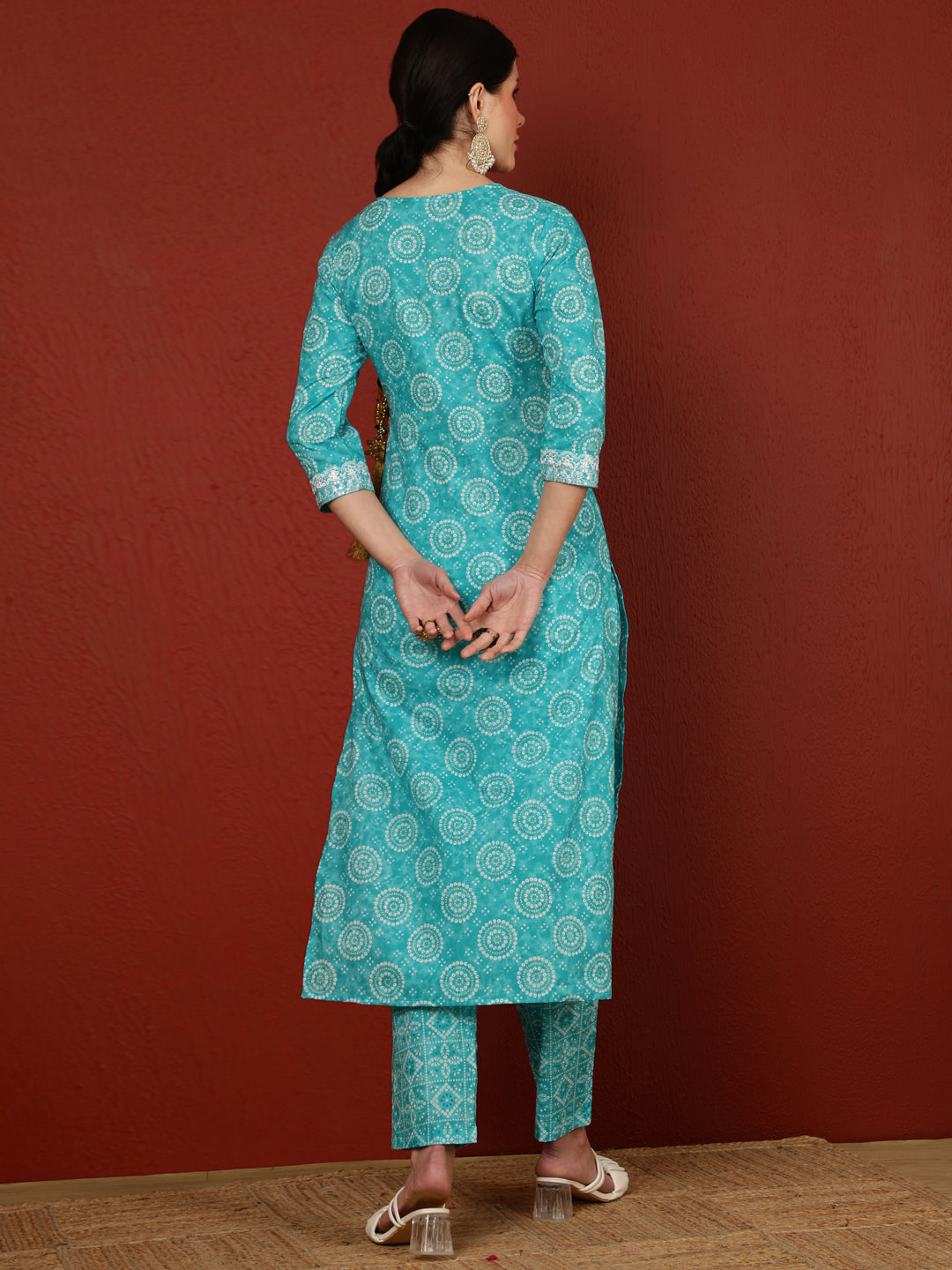 Cotton  Calf Length Printed Straight 3/4 Sleeves V-Neck Kurta Bottom Dupatta Set