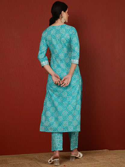 Cotton  Calf Length Printed Straight 3/4 Sleeves V-Neck Kurta Bottom Dupatta Set