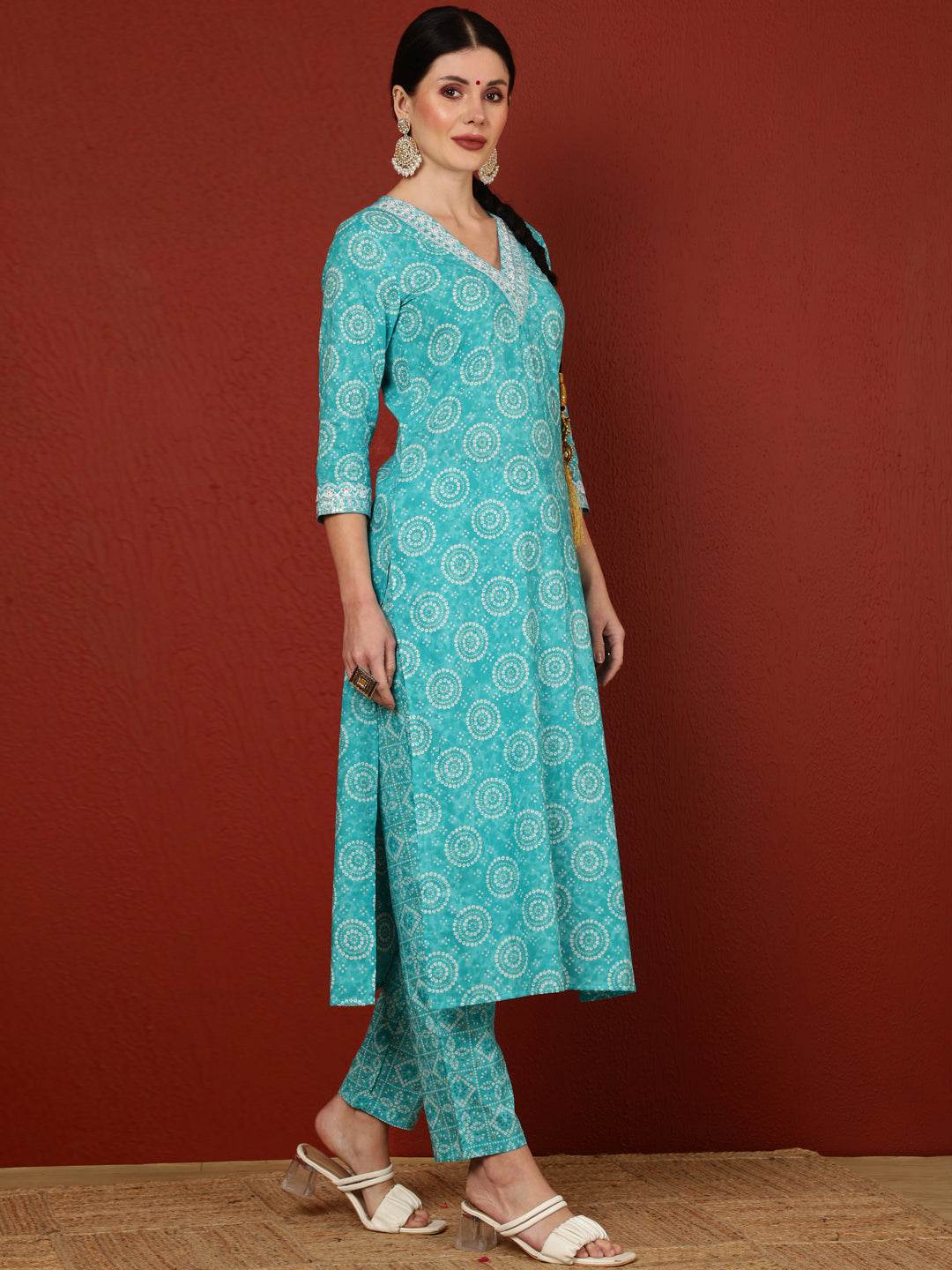 Cotton  Calf Length Printed Straight 3/4 Sleeves V-Neck Kurta Bottom Dupatta Set