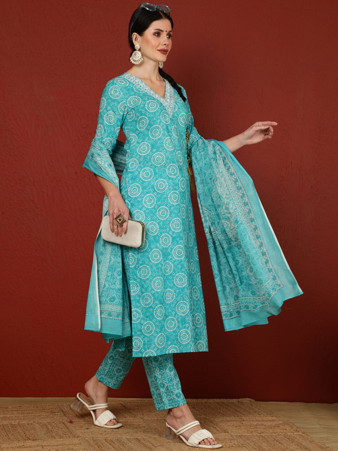 Cotton  Calf Length Printed Straight 3/4 Sleeves V-Neck Kurta Bottom Dupatta Set