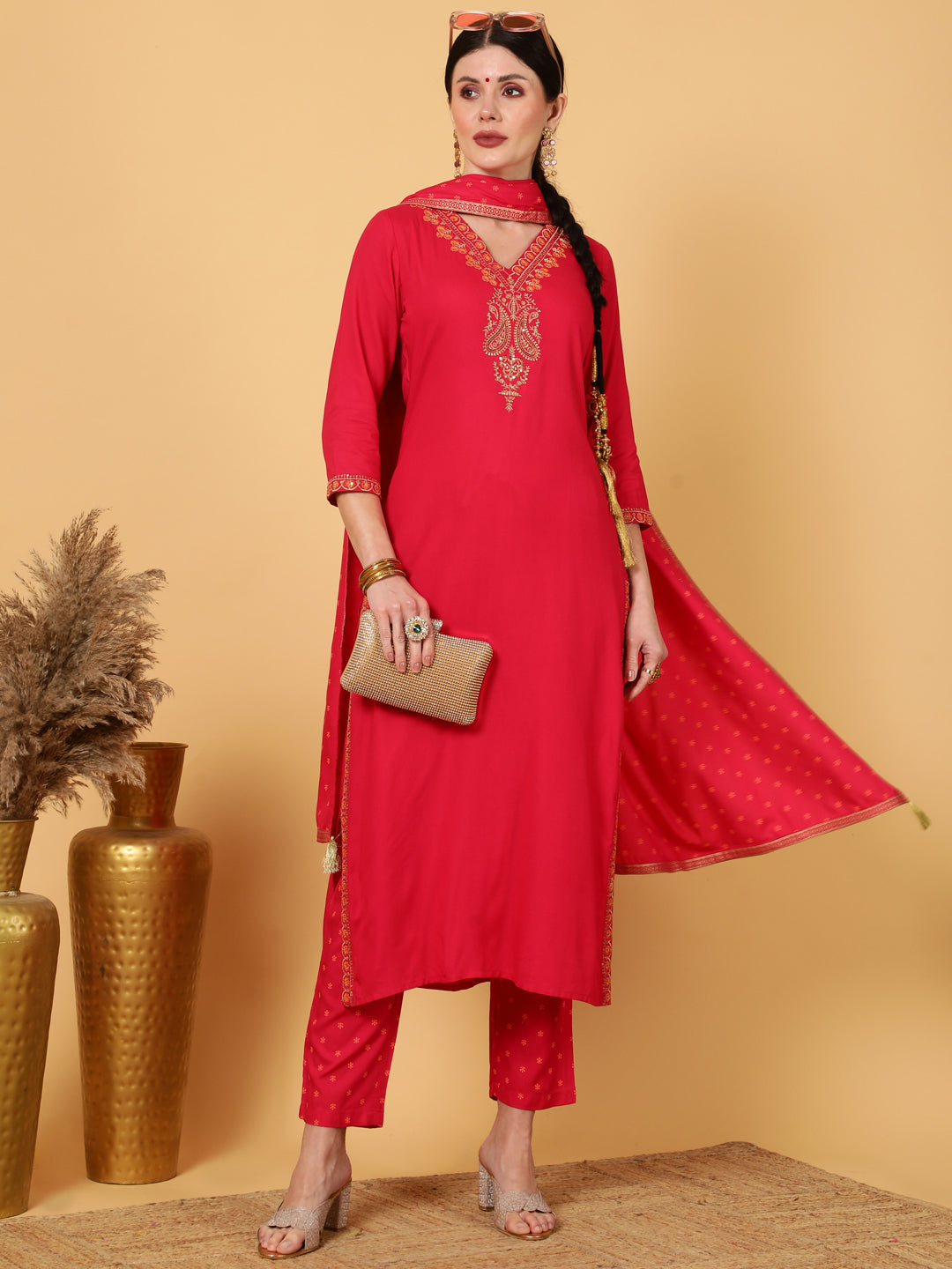 Rayon  Calf Length Printed Straight 3/4 Sleeves V-Neck Kurta Bottom Dupatta Set