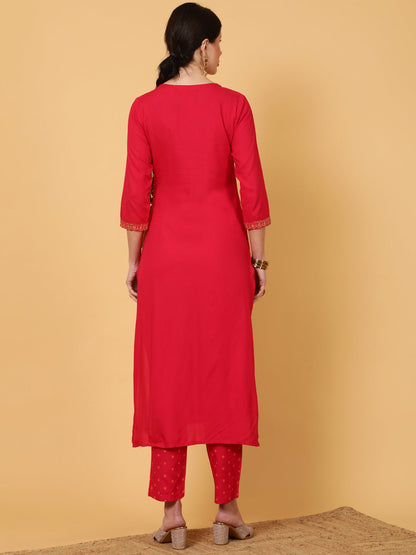 Rayon  Calf Length Printed Straight 3/4 Sleeves V-Neck Kurta Bottom Dupatta Set