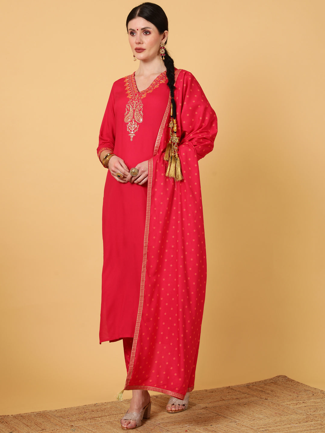 Rayon  Calf Length Printed Straight 3/4 Sleeves V-Neck Kurta Bottom Dupatta Set