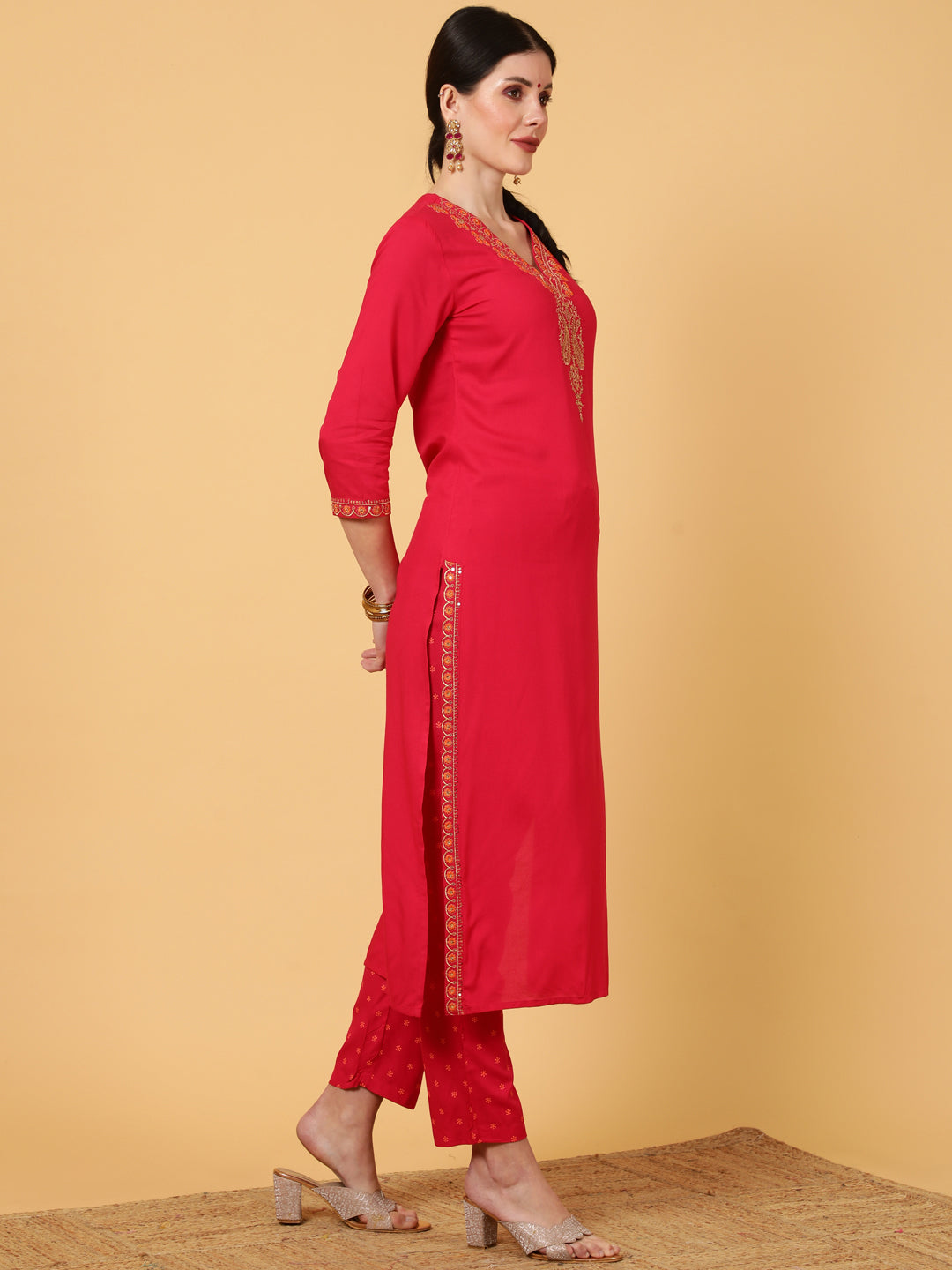 Rayon  Calf Length Printed Straight 3/4 Sleeves V-Neck Kurta Bottom Dupatta Set