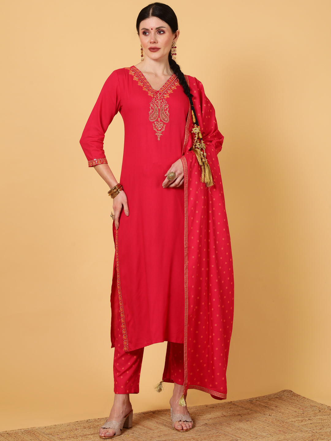 Rayon  Calf Length Printed Straight 3/4 Sleeves V-Neck Kurta Bottom Dupatta Set