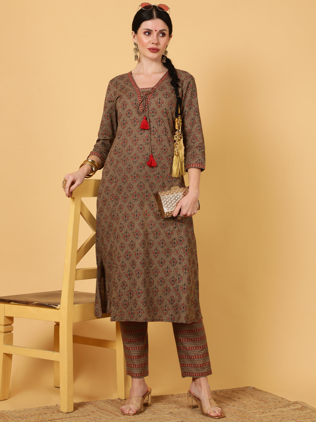 Rayon  Calf Length Printed Straight 3/4 Sleeves V-Neck kurta Bottom Set
