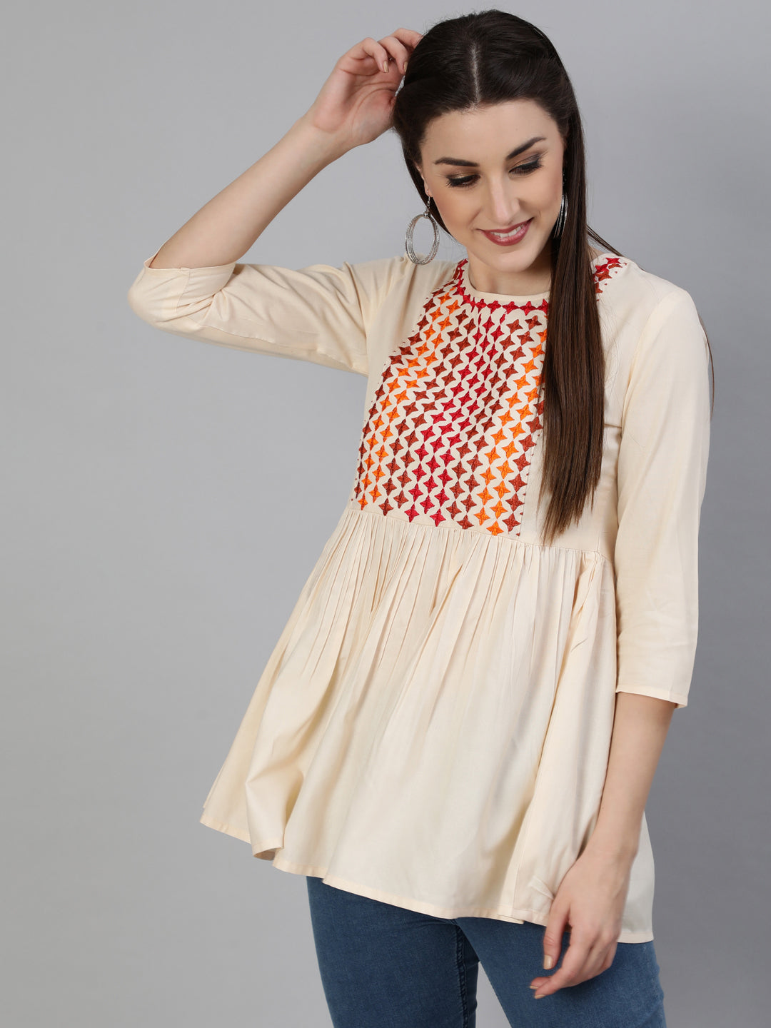 Embroidered Round Neck 3/4 Sleeve Rayon Flared Top