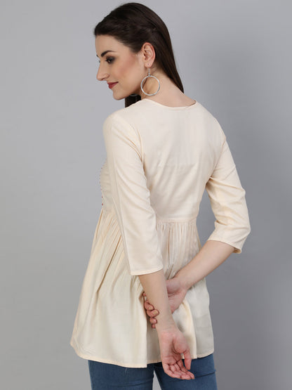 Embroidered Round Neck 3/4 Sleeve Rayon Flared Top