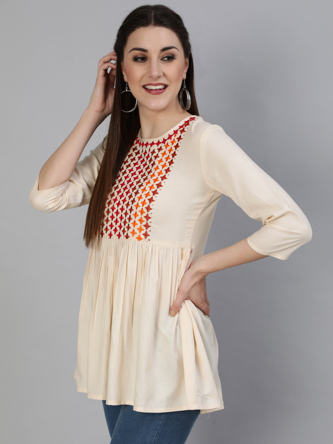 Embroidered Round Neck 3/4 Sleeve Rayon Flared Top