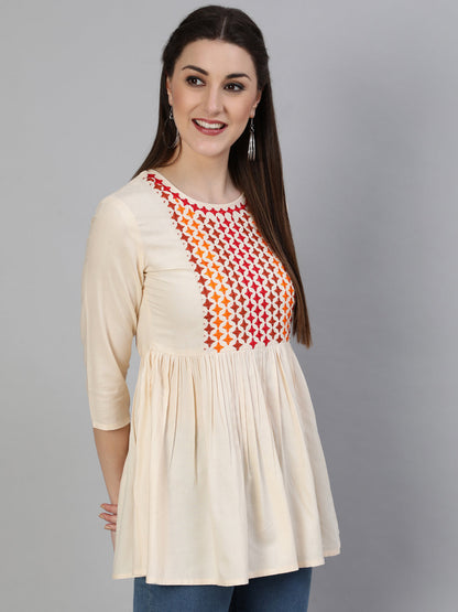 Embroidered Round Neck 3/4 Sleeve Rayon Flared Top