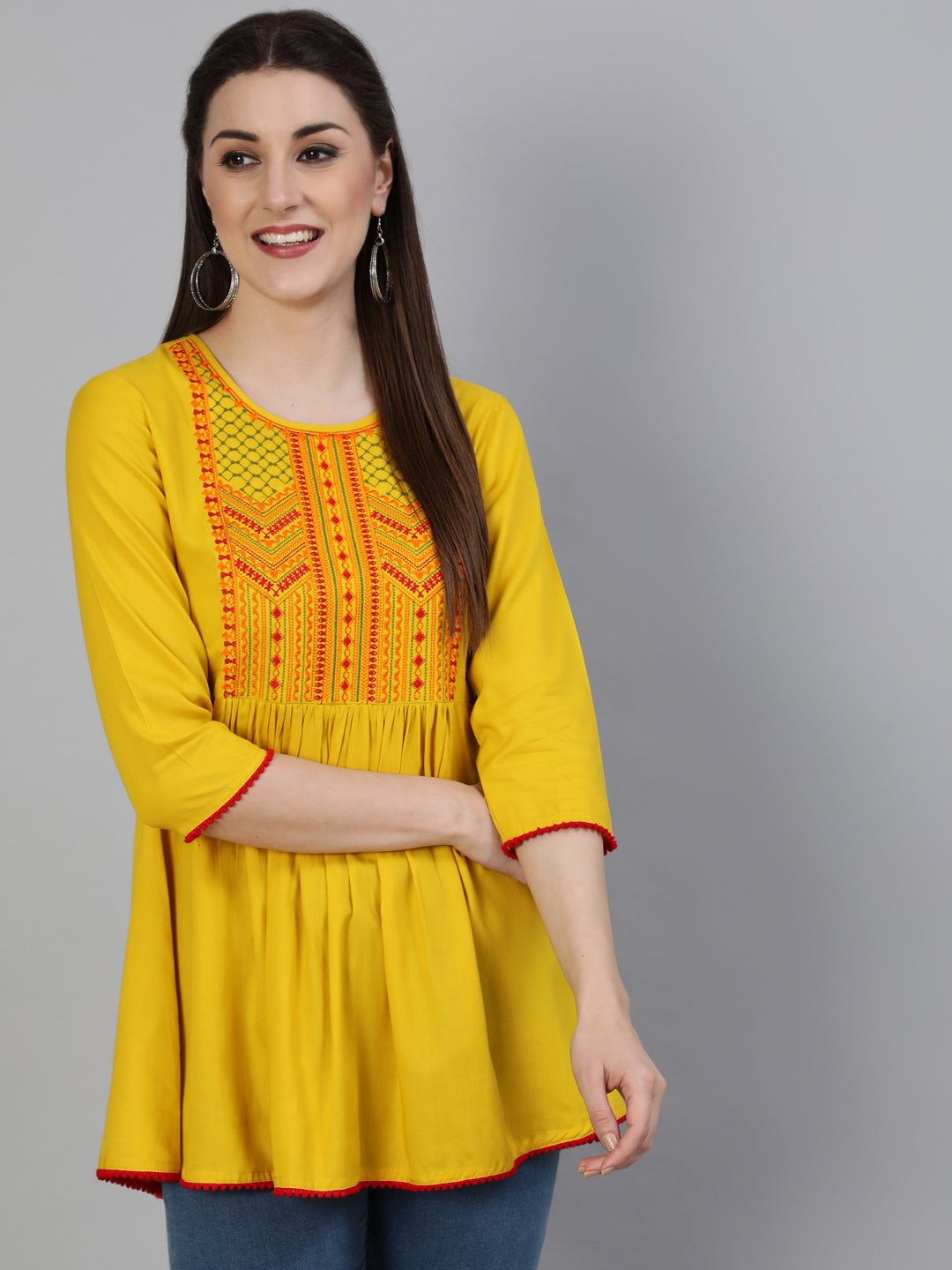 Embroidered Round Neck 3/4 Sleeve Rayon Flared Top