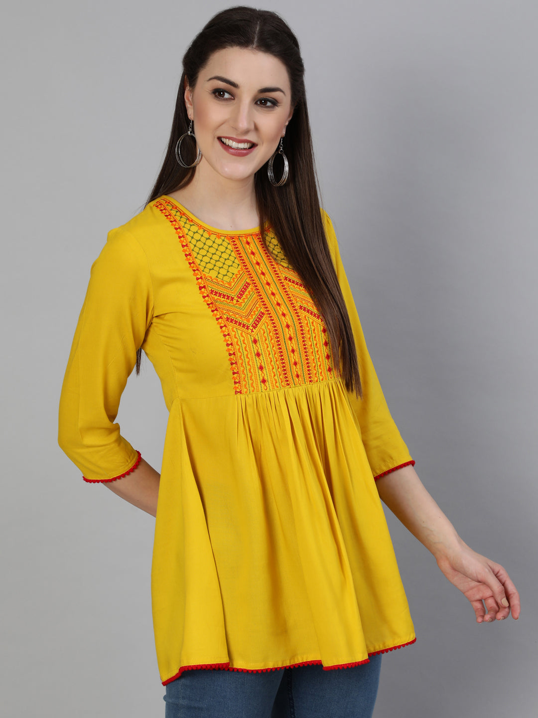 Embroidered Round Neck 3/4 Sleeve Rayon Flared Top