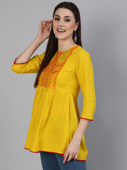 Embroidered Round Neck 3/4 Sleeve Rayon Flared Top