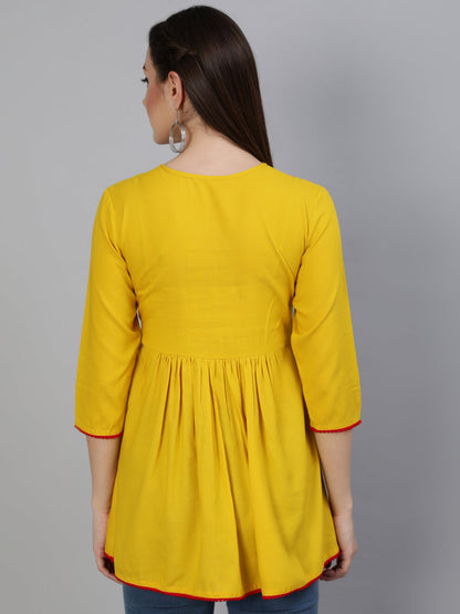 Embroidered Round Neck 3/4 Sleeve Rayon Flared Top