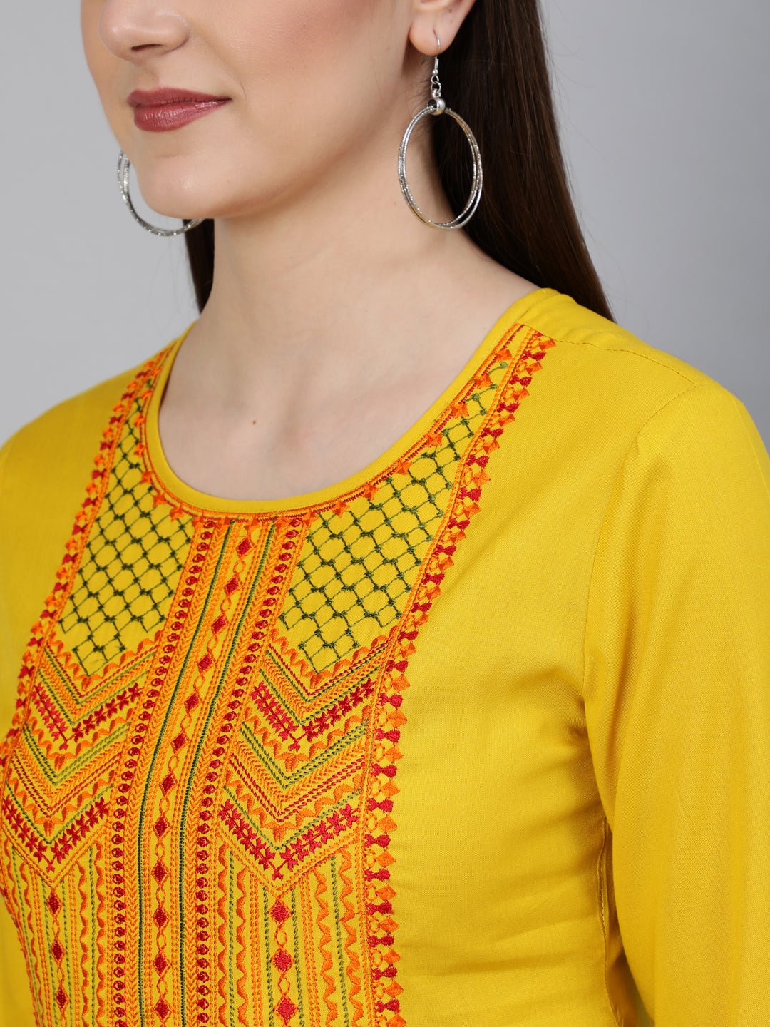 Embroidered Round Neck 3/4 Sleeve Rayon Flared Top